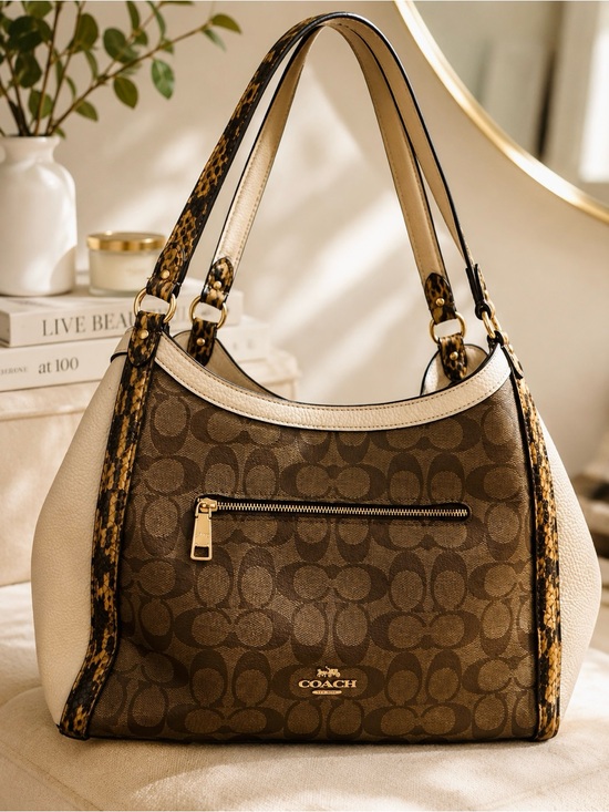 Coach Handbags - Coach Brown Signature Canvas Shoulder Bag with Cream Accents and Gold Hardware